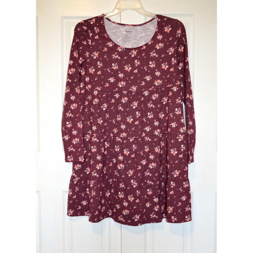 SONOMA Kohl's Burgundy Floral Tiered Maternity Dress Women's Size M Long Sleeve